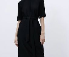 Zara black round neck midi belted dress with contrast knit sleeves, size L- UK 12