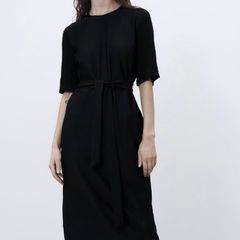 Zara black round neck midi belted dress with contrast knit sleeves, size L- UK 12