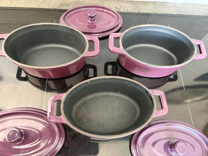 Three Unused Purple Iron Enamel Mini Casseroles