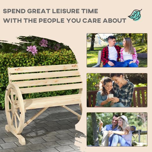 Wagon Wheel Chair Bench Armrest Rustic Loveseat Wood Outdoor Garden, Natural