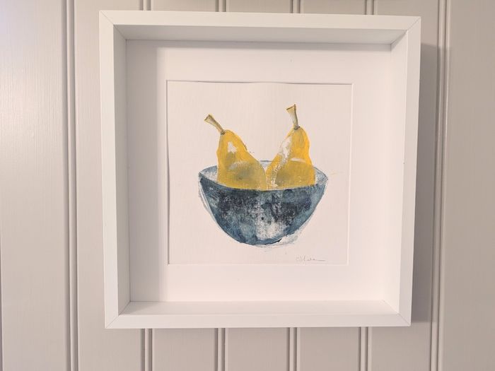 Pear still life painting in white box frame