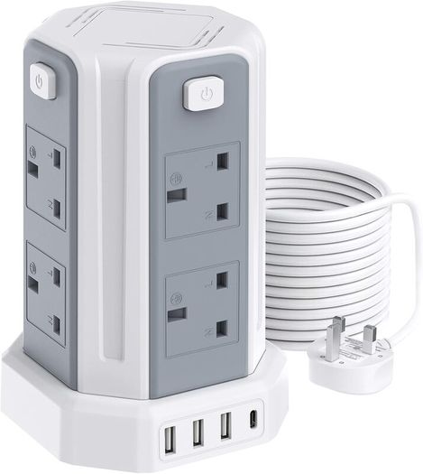 Tower Extension Lead 5M, (13A 3250W), 8 AC Outlets and 4 USB Ports Extension Tower, Surge Protection with 4 Independent Control Switch, Extension Cable for Office, Home, Kitchen