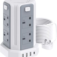 Tower Extension Lead 5M, (13A 3250W), 8 AC Outlets and 4 USB Ports Extension Tower, Surge Protection with 4 Independent Control Switch, Extension Cable for Office, Home, Kitchen