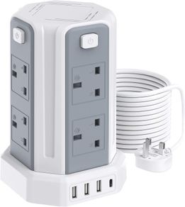 Tower Extension Lead 5M, (13A 3250W), 8 AC Outlets and 4 USB Ports Extension Tower, Surge Protection with 4 Independent Control Switch, Extension Cable for Office, Home, Kitchen
