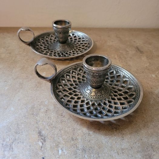 Vintage pair of lattice work chamber candleholders