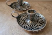 Vintage pair of lattice work chamber candleholders