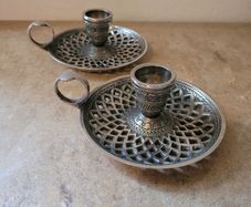 Vintage pair of lattice work chamber candleholders