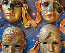 Vintage Solid Brass Masquerade Mask Wall Decor Set of 4 - Hand Painted 1970s Hollywood Regency Indian Brass Mardi Gras Gallery Set