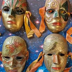 Vintage Solid Brass Masquerade Mask Wall Decor Set of 4 - Hand Painted 1970s Hollywood Regency Indian Brass Mardi Gras Gallery Set