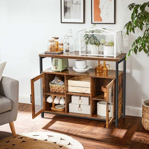 Sideboard with glass doors Sideboard Kitchen Cabinet Storage with 2 Clear Glass Doors Adjustable Shelves Kitchen Dining Room 100 x 35 x 80 cm Industrial Style Vintage Brown/Black