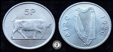 [#439] - Ireland 1986 | Irish 5p | 5 Pence | Bull | KM.22 | UNC