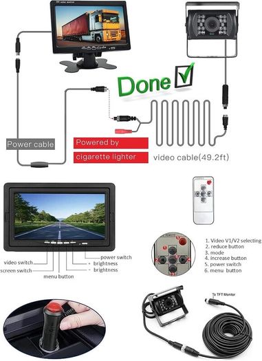 1080P Reversing Camera Kit with 7-Inch HD Monitor, IP68 Waterproof Night Vision Camera, Parking Sensors & 15m Cable for Van, Truck, RV, Bus and Trailer