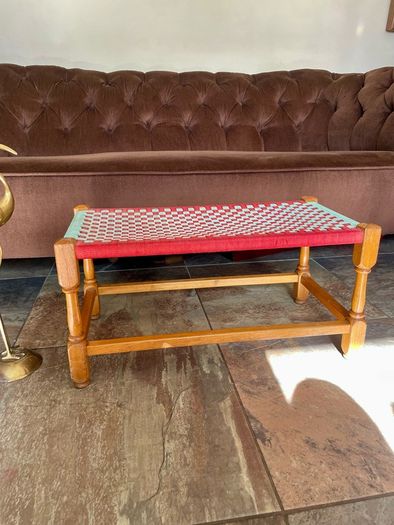 Rare Vintage Long Sugan Style Ottoman Stool Bench Woven with Red Green Cotton Rope