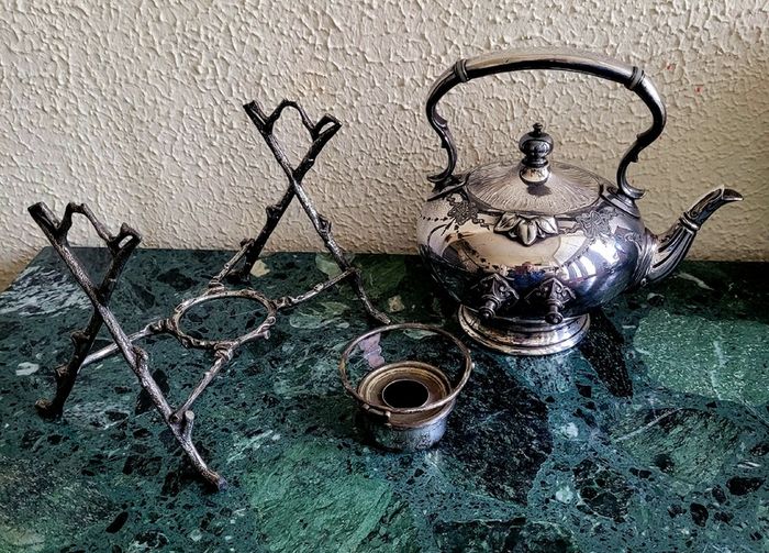 Victorian silverplate tilting spirit kettle