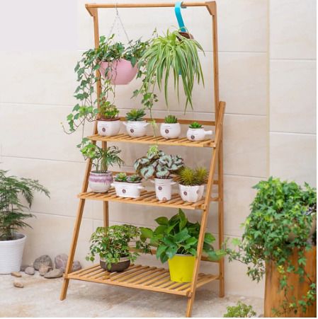 100cm 3 Tier Foldable Bamboo Flower Pot Plants Display Shelf Planter Organizer for Outdoor Indoor