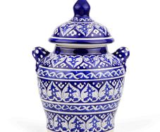 Blue Handmade and Hand Painted Large Ceramic Jar with Lid, Chinese Style Jar | Warehouse Clearance | Massive Discount | Bargain prices
