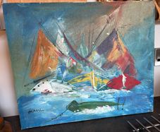 Vintage Mid Century Acrylic Painting on Canvas sailing boat