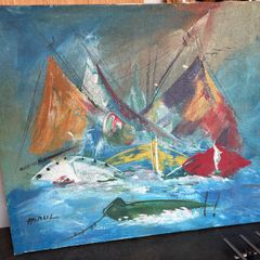 Vintage Mid Century Acrylic Painting on Canvas sailing boat