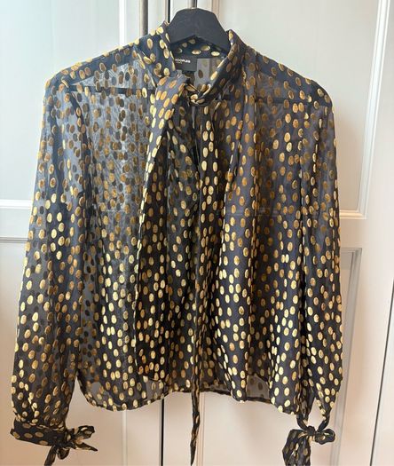 The Kooples Black and Gold Metallic Polka Dot Pussy-Bow Blouse