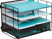 Mesh Office Organizer for Desk  Desk Organizer with 4 Tiers and Sliding Drawer for Storing Office Supplies, Files, Folders, Pens, Pencils. Black Desktop Organizers for Home or Office Storage (4 Tier)