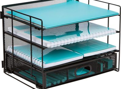 Mesh Office Organizer for Desk  Desk Organizer with 4 Tiers and Sliding Drawer for Storing Office Supplies, Files, Folders, Pens, Pencils. Black Desktop Organizers for Home or Office Storage (4 Tier)