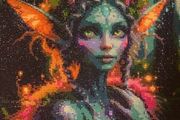 Hand crafted gem art green fairy in forest