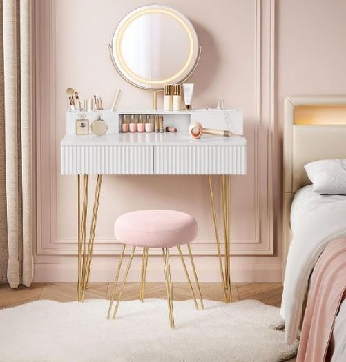LED Dressing Table with Stool charging station and Mirror with 2 Drawers