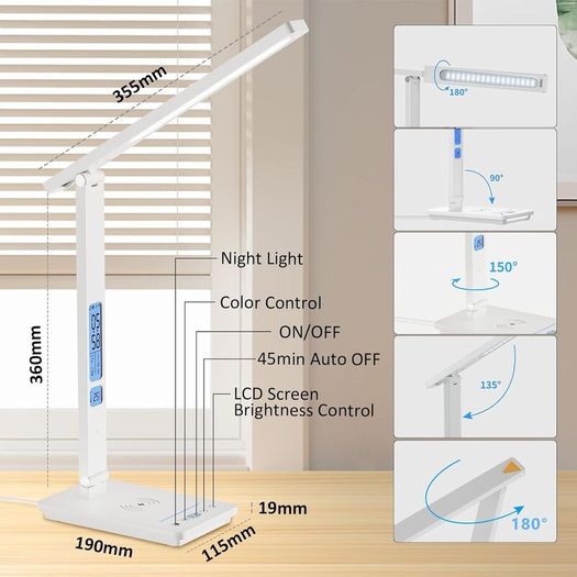 LED Desk Lamp with Wireless Charger & USB Charging Port, 5 Colors 5 Brightness Dimmable Eye-Caring Table Lamp with Night Light, LCD Screen Clock Temperature Timer Touch Control Bedside Lam