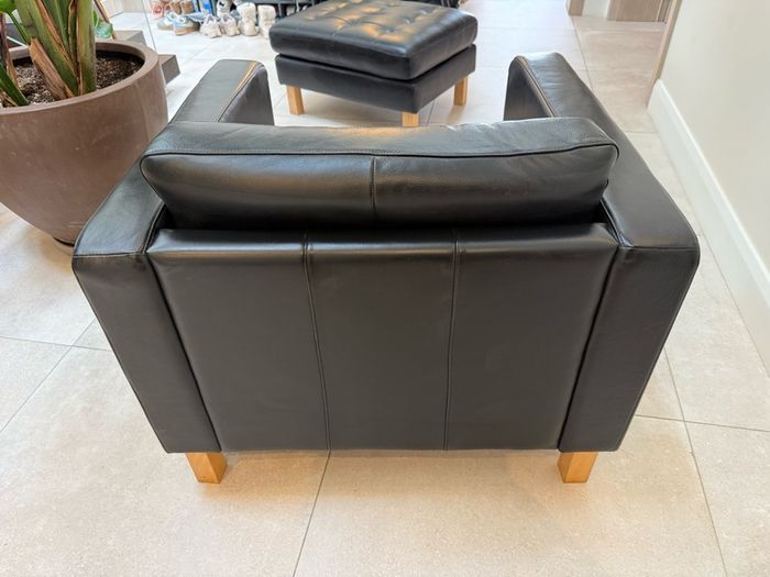 Black Leather Armchair and Matching Ottoman Footstool