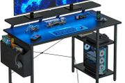 Gaming Desk with LED Lights Power Outlets Reversible Computer Storage Shelves Small corner for Home Office Study 100x50cm Black
