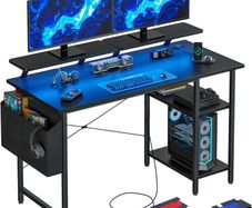 Gaming Desk with LED Lights Power Outlets Reversible Computer Storage Shelves Small corner for Home Office Study 100x50cm Black