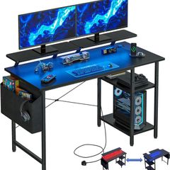 Gaming Desk with LED Lights Power Outlets Reversible Computer Storage Shelves Small corner for Home Office Study 100x50cm Black