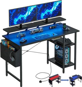 Gaming Desk with LED Lights Power Outlets Reversible Computer Storage Shelves Small corner for Home Office Study 100x50cm Black