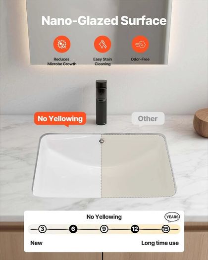 Undermount Bathroom Sink, 530 x 375 mm Rectangular White Ceramic Vessel Sink with Overflow Hole, Under Counter Drop in Modern Lavatory Vanity Bath Wash Bowl Basin, Rectangle for Small Space