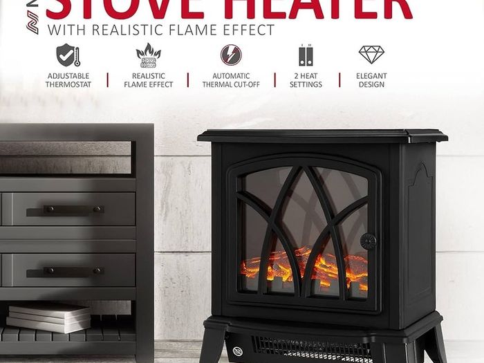 NEW SALE | Electric Fireplace Stove Heater 2000W with Fire Flame Effect, 2 Heat Settings, Adjustable Thermostat, Freestanding Portable Electric Log Wood Burner Effect