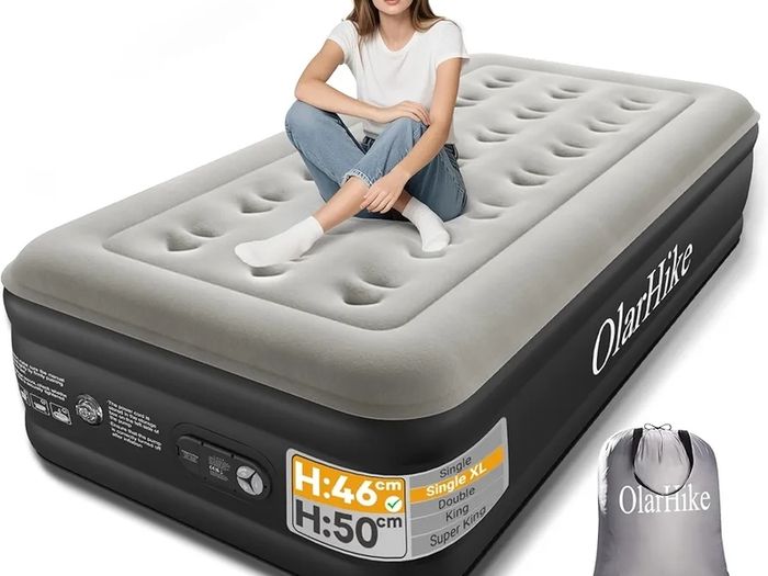Single Airbed XL, Inflatable Air Mattress with Built-in Pump, Blow Up Bed, Self Inflating Folding Guest Air bed with Flocked Surface For Camping & Home Use, 200cm L x 90cm W x 46cm H(Black)