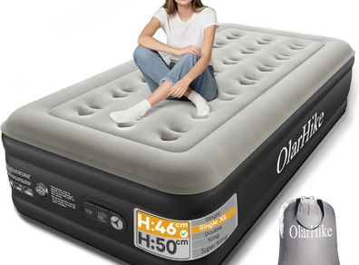 Single Airbed XL, Inflatable Air Mattress with Built-in Pump, Blow Up Bed, Self Inflating Folding Guest Air bed with Flocked Surface For Camping & Home Use, 200cm L x 90cm W x 46cm H(Black)