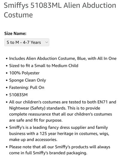 smiffys alien abduction / carry me / lift me up  costume 4-7yrs old