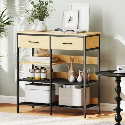 Sideboard, Chest with 2 Drawers, 3 Open Shelves Kitchen cabinet for Kitchen, Living Room 90 x 40 x 91 cm, Natural wood