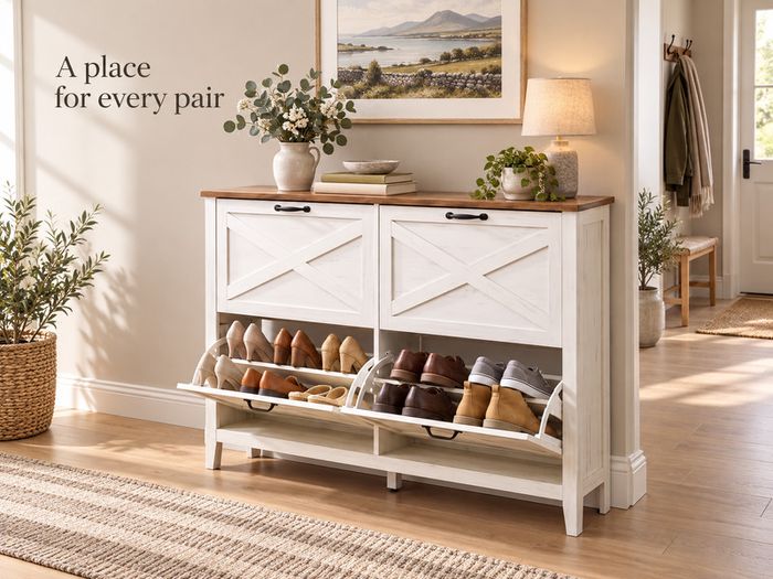 White 4 Flap Shoe Cabinet 127cm Wide Slim Hallway Storage Unit