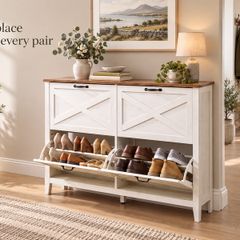 White 4 Flap Shoe Cabinet 127cm Wide Slim Hallway Storage Unit
