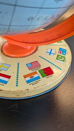 Vintage USSR Era World Globe Orange Meridian International Flag Base