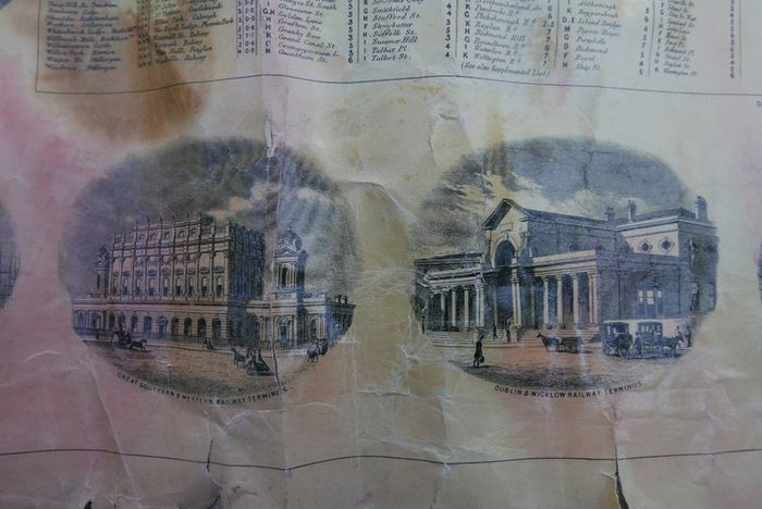 Antique DUBLIN. Map of Dublin & Suburbs with 22 vignettes of Dublin landmarks. Published by Edward Heffernan, 1st June, 1868, 12 Charleville Road, Rathmines. 28" x 22,5". Linen backed. Frayed at edges