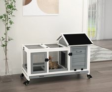 Wooden Rabbit Hutch, Guinea Pig Cage, with Removable Tray, Wheels - Grey