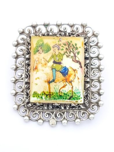 Antique Persian Hand Painted MOP Silver Brooch