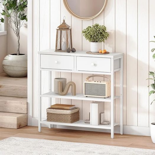 Console Table, Slim Console Table with 2 Non-woven Drawers, Hallway Table with Storage, Slim Sofa Table for Small Spaces, Living Room, White