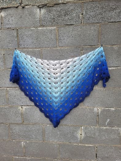 Handmade crochet triangle shawl wrap. Blue and white ombre lacy shawl