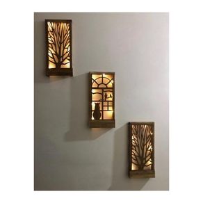 Brown 3 Pcs Set Set Led Wooden Light Table Home Gift Hallway Night Lamp Set Wall Ornament Natural Tree Cat Bird Decoration