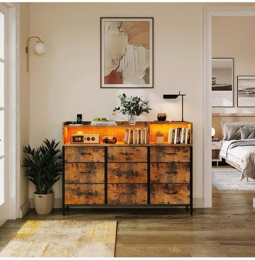 Chest of Drawers Bedroom, Dresser Cabinet with 2 Sockets, 2 USB Ports and 10 Colored LED Strips