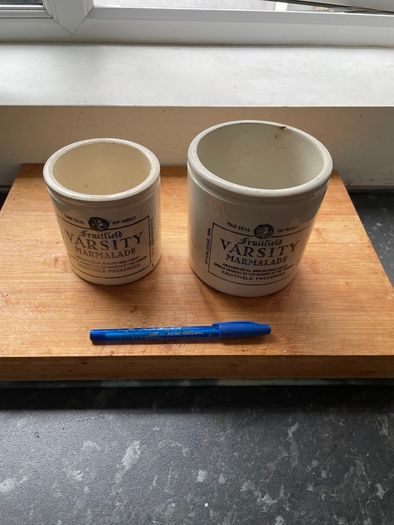 Fruitfield Varsity earthenware / stone marmalade jars